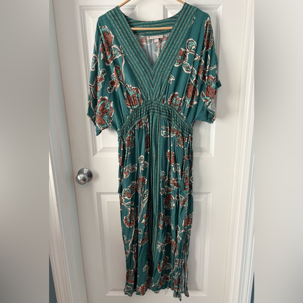 Knox Rose Teal Orange Floral Boho V-Neck Maxi Caftan Dress Tassels Size M - EUC!